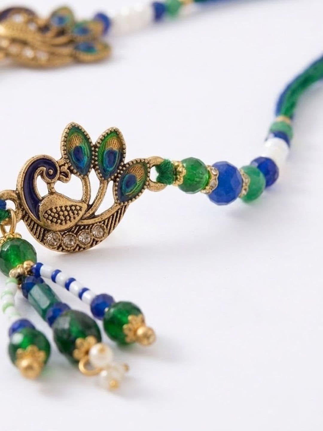 NVR Set Of 4 Green Peacock Design Artificial Beads Thread Rakhi With Roli Chawal thumbnail 6