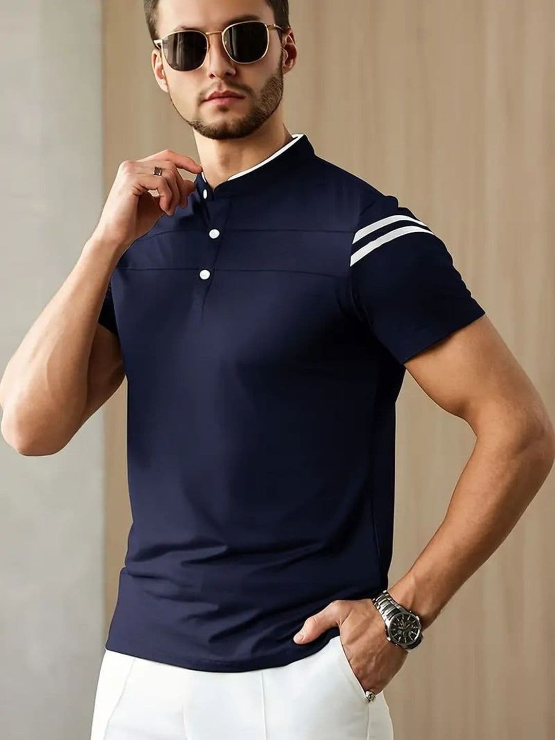 Mast & Harbour Men Colourblocked Mandarin Collar T-shirt thumbnail 7