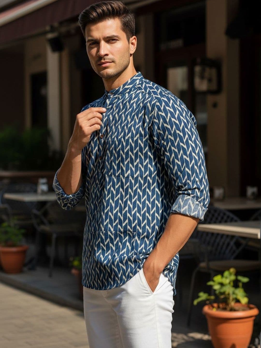 RICH STAG Men Geometric Printed Indigo Kurta thumbnail 4