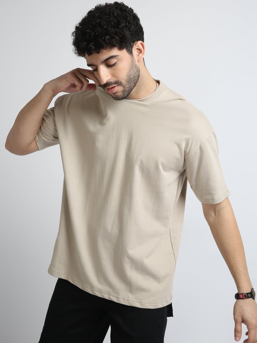 THE BEETEL HOUSE Beige Relaxed Fit Round Neck T-Shirt thumbnail 3