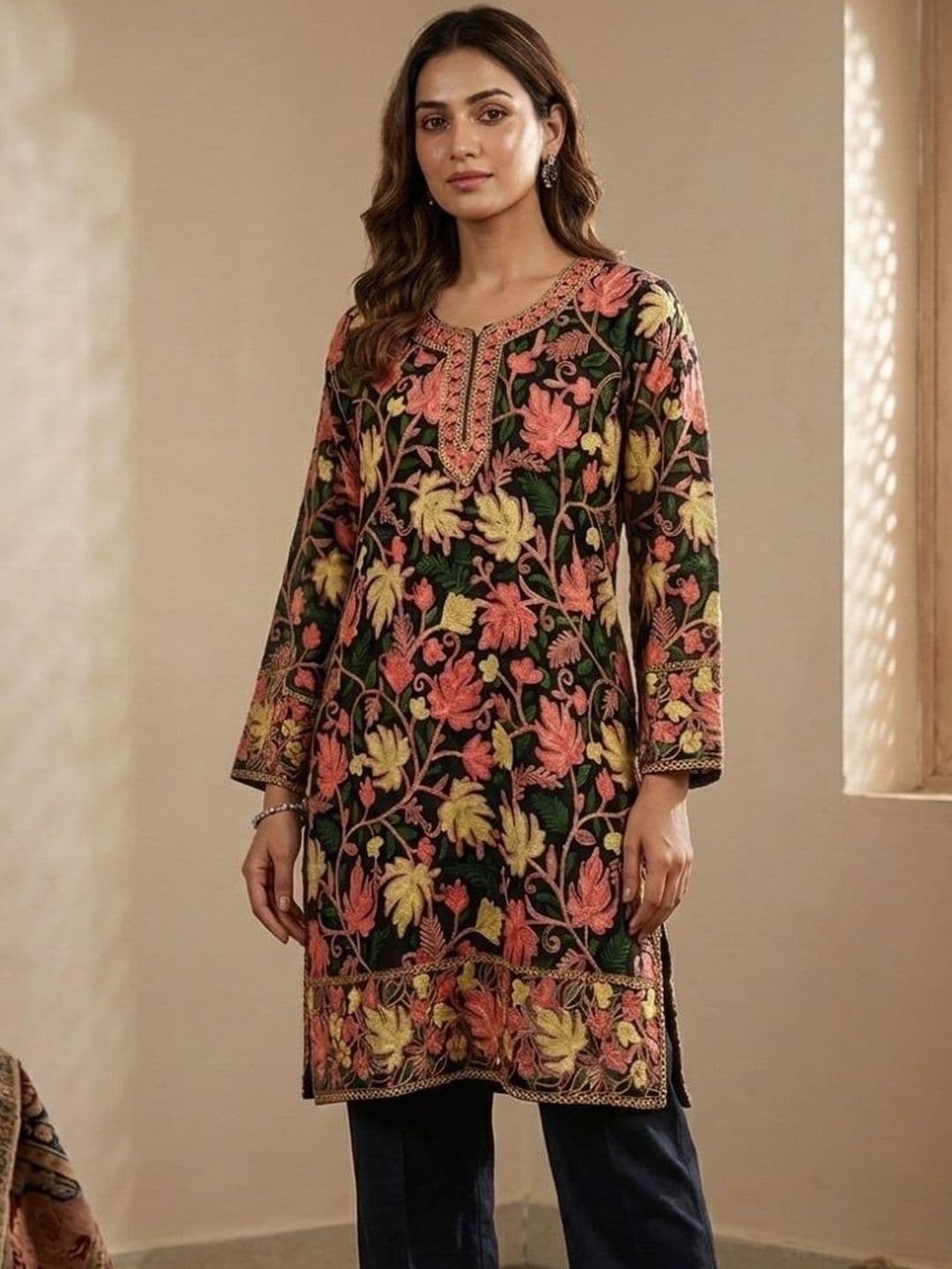 KTI Botanical Embroidered V-Neck Thread Work Thread Work Kurti - view 1
