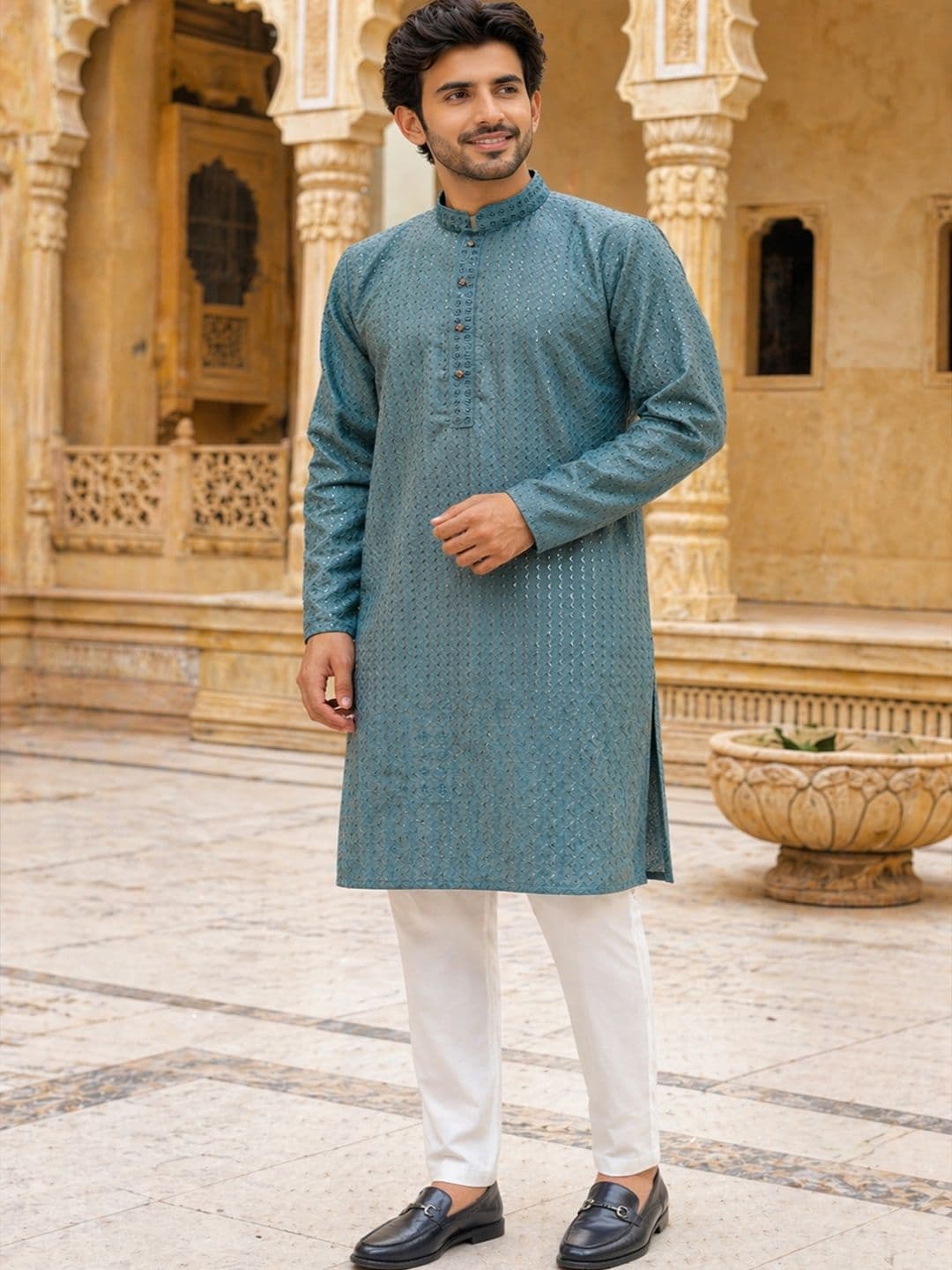 HERE&NOW Men Geometric Embroidered Chikankari Kurta thumbnail 6