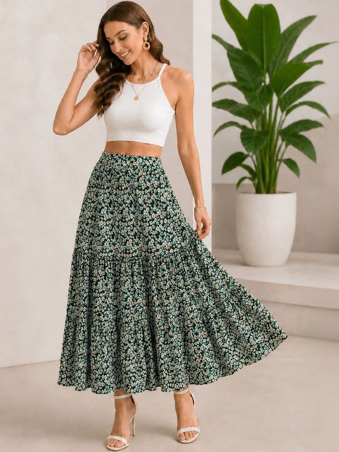 AmorLuxe Women Crepe Floral Micro or Ditsy Print Midi Tiered Skirt - view 1