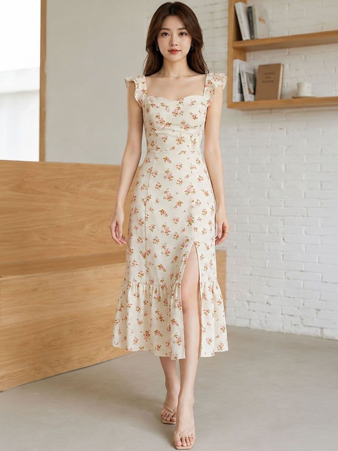 DressBerry Floral Print Ruffled Sheath Midi Dress - view 1