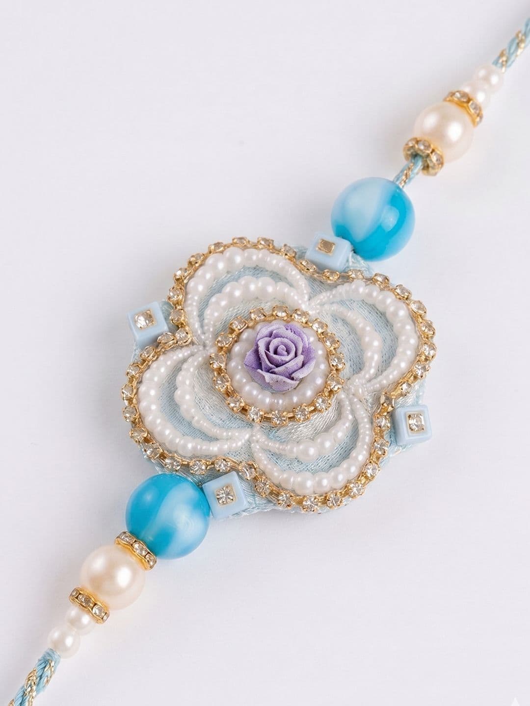 NVR Set Of 2 Pearls & Artificial Stones Floral Bhaiya Bhabhi Rakhi With Roli Chawal thumbnail 3