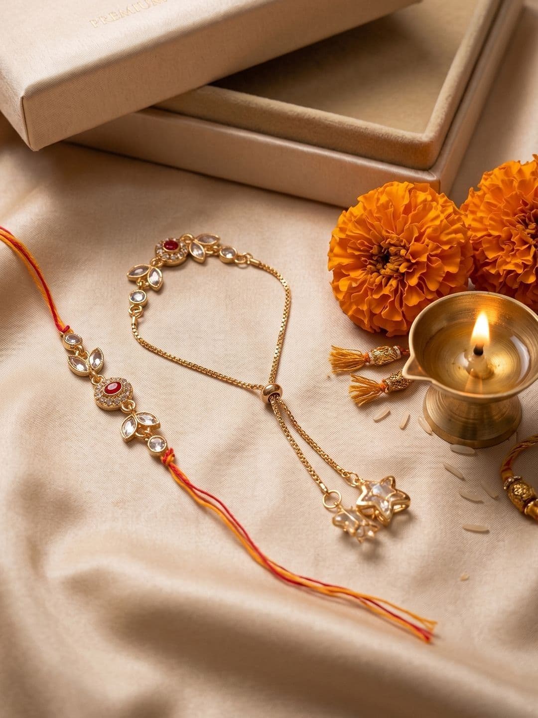 NVR Set Of 2 Kundan Studded Gold Toned Bhaiya Bhabhi Rakhi With Roli Chawal thumbnail 2