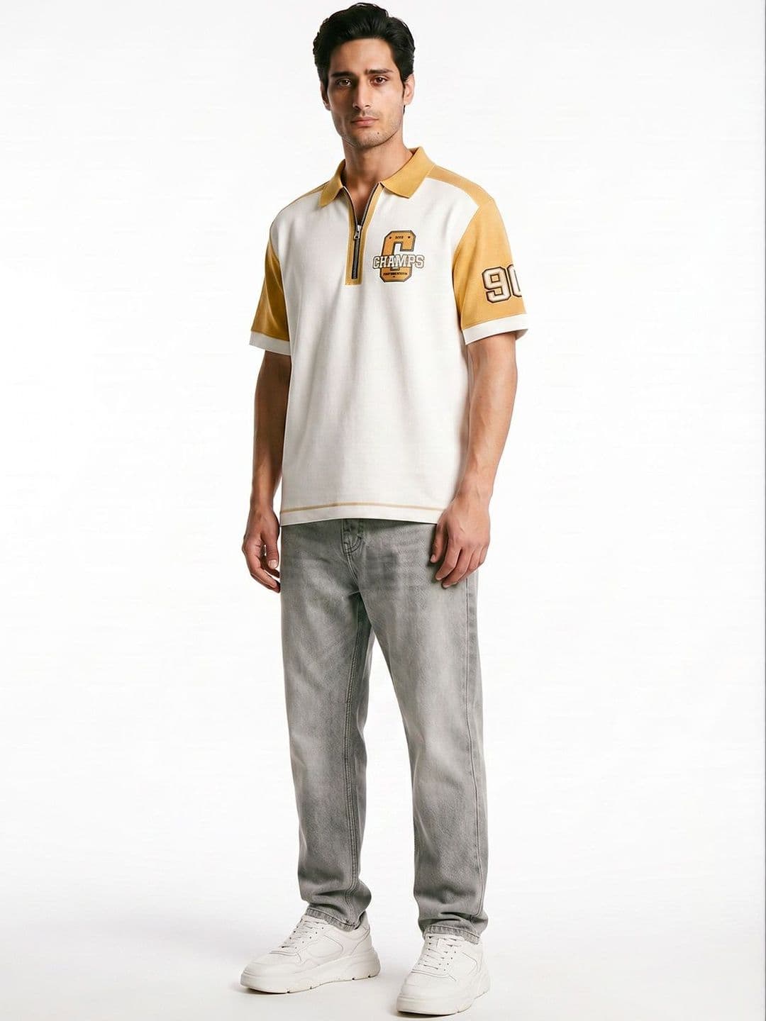 Crazymonk Men Polo Collar Extended Sleeves Applique T-shirt thumbnail 4