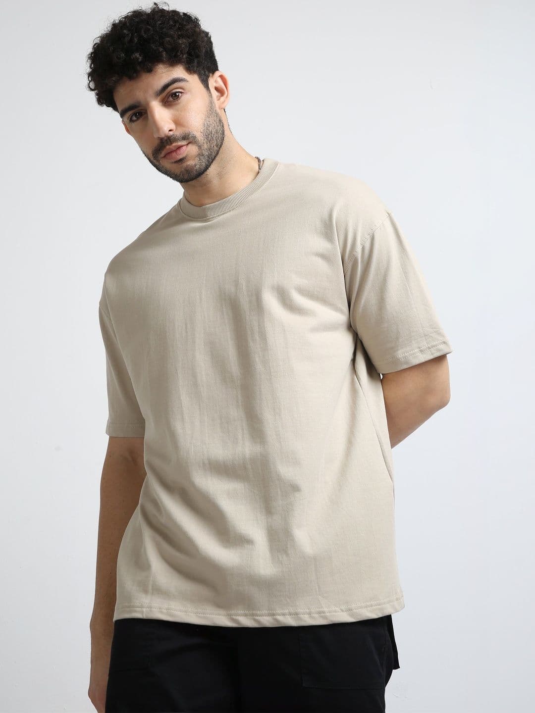 THE BEETEL HOUSE Beige Relaxed Fit Round Neck T-Shirt thumbnail 2