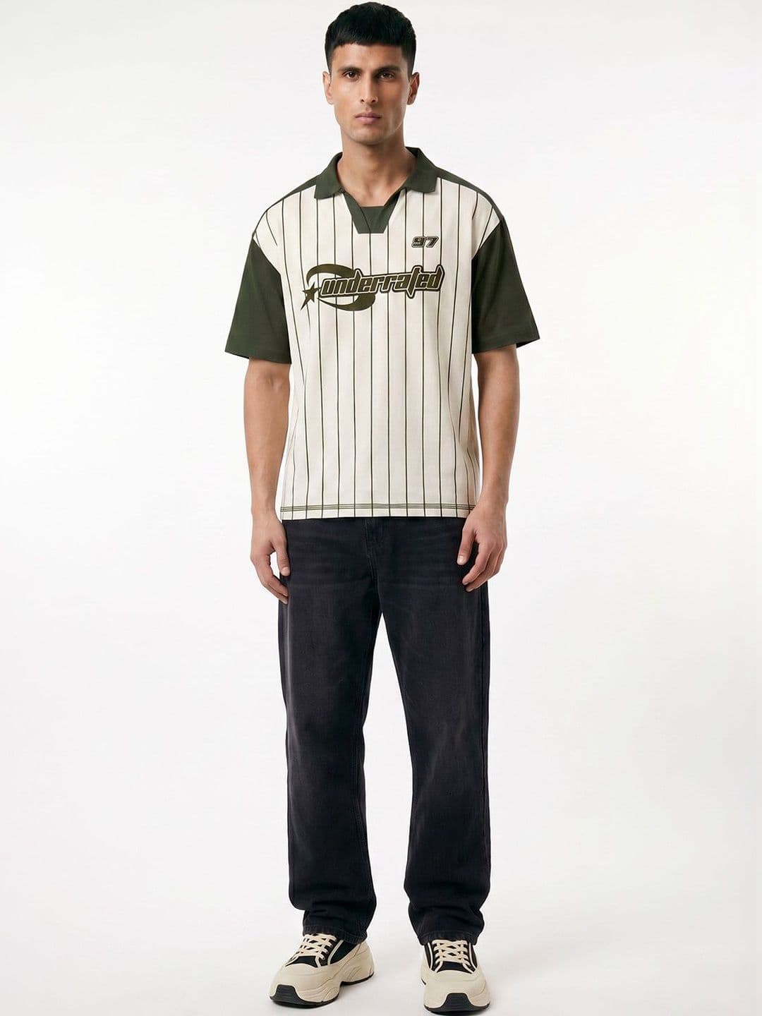 Crazymonk Men Striped Polo Collar Extended Sleeves Monochrome Applique T-shirt thumbnail 2