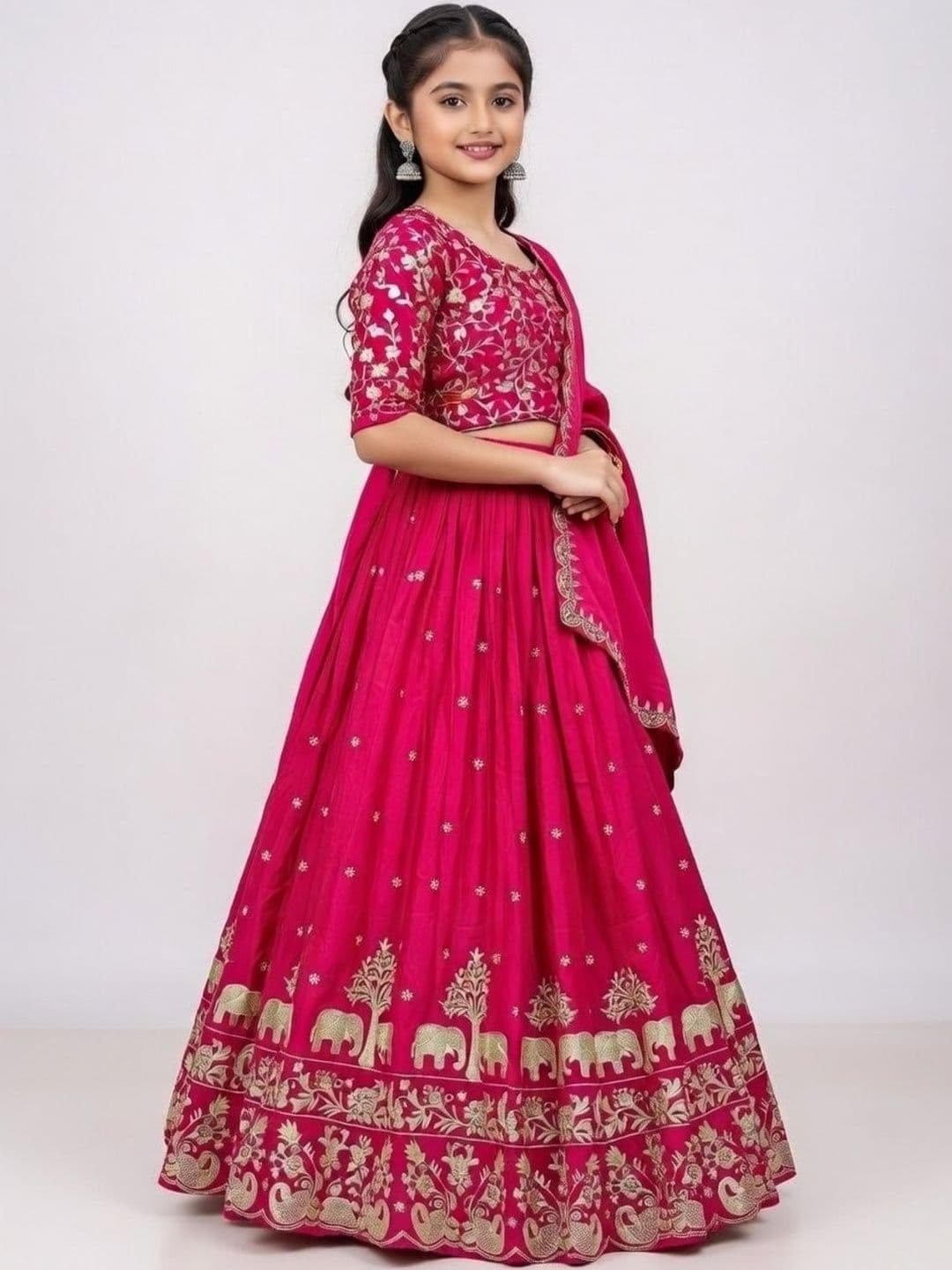 Closin Girls Embroidered Thread Work Semi-Stitched Lehenga & Blouse With Dupatta thumbnail 3