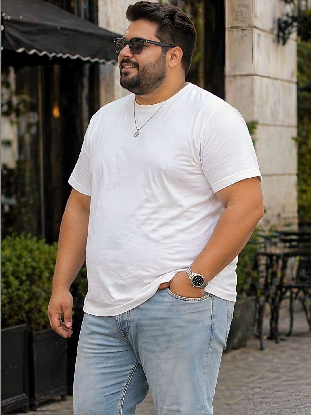 Sztori Men Plus Size White Solid Round Neck Regular Fit Cotton T-shirt thumbnail 2