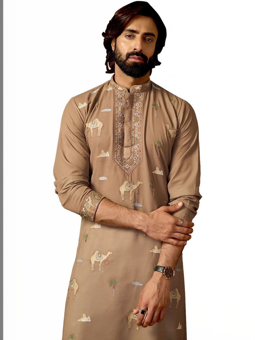 House of Pataudi Embroidered Cotton Mandarin Collar Knee Length Straight Kurta thumbnail 2