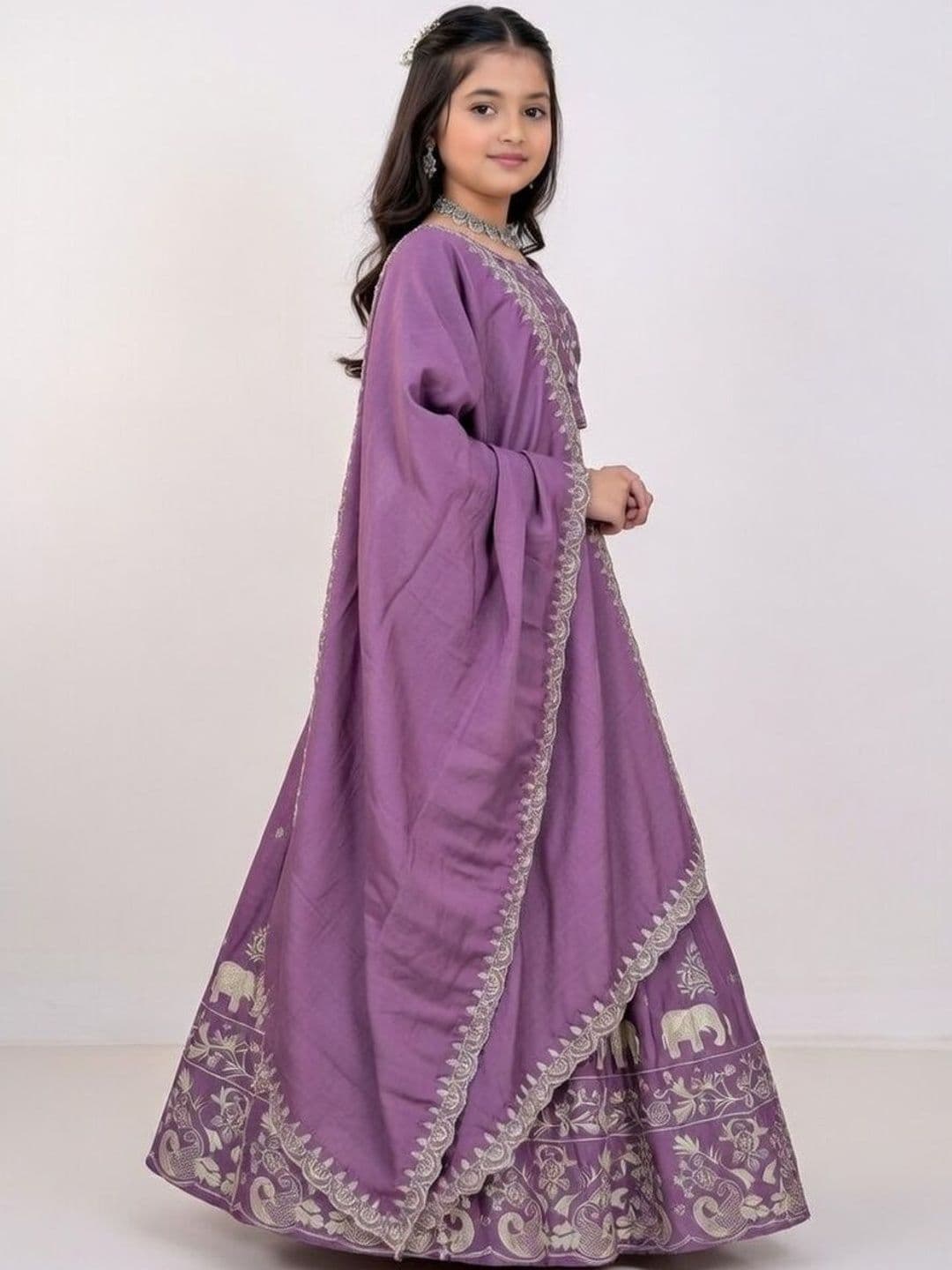 Closin Girls Embroidered Thread Work Semi-Stitched Lehenga & Blouse With Dupatta thumbnail 3