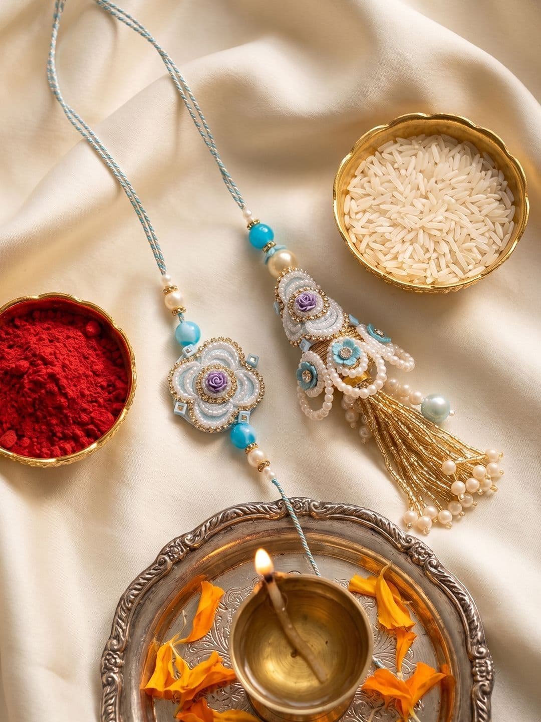 NVR Set Of 2 Pearls & Artificial Stones Floral Bhaiya Bhabhi Rakhi With Roli Chawal thumbnail 2