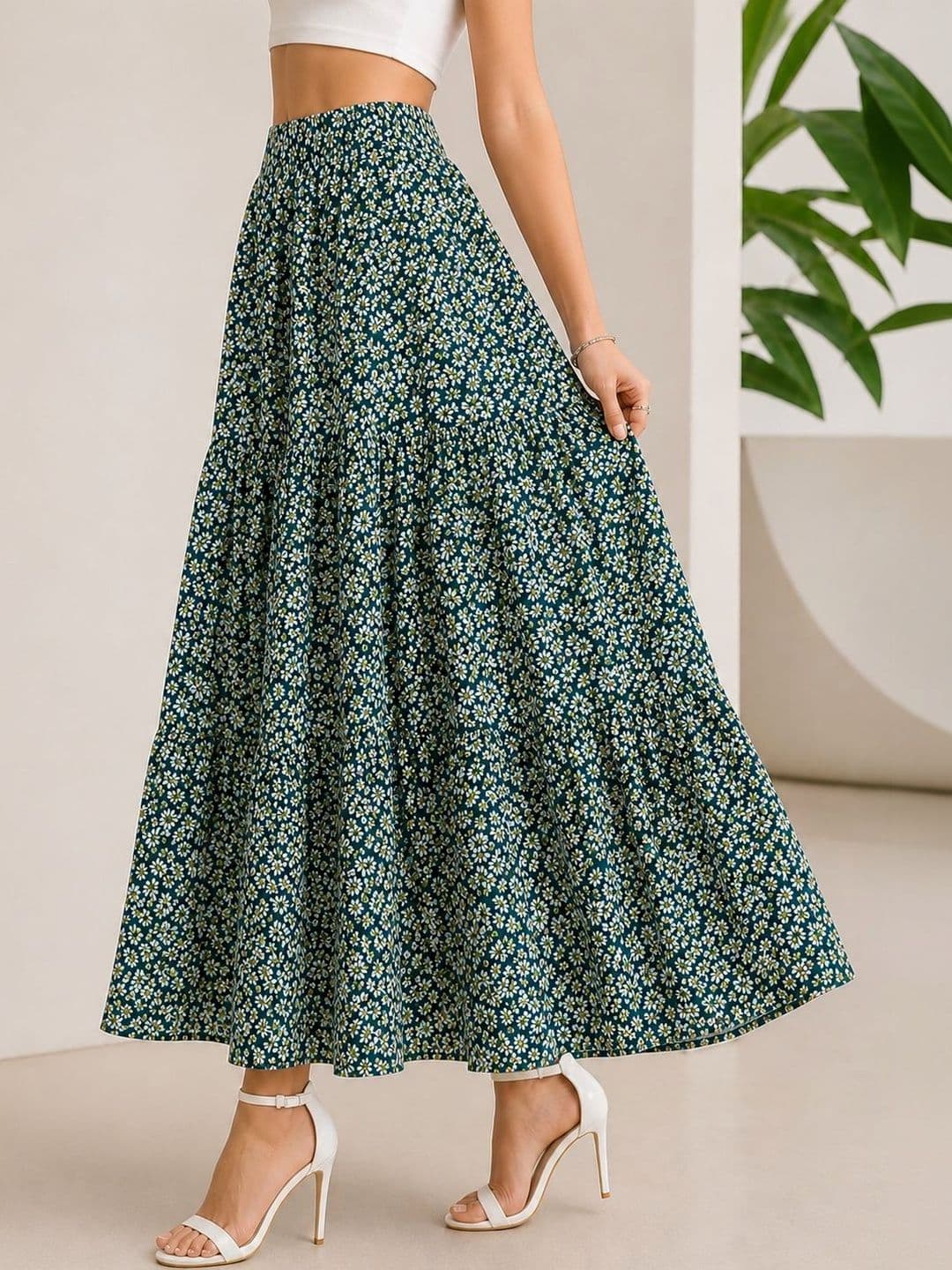 AmorLuxe Women Crepe Floral Micro or Ditsy Print Midi Tiered Skirt thumbnail 3