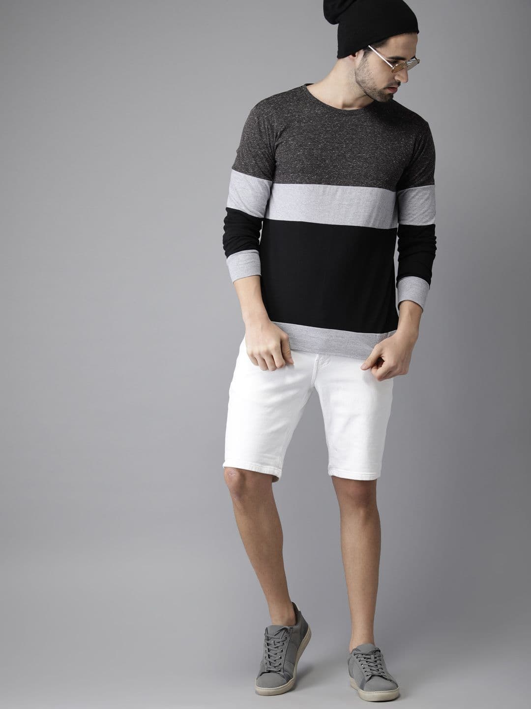 CAHOOT Men Charcoal Grey Black Colourblocked Round Neck Pure Cotton T-shirt - view 1