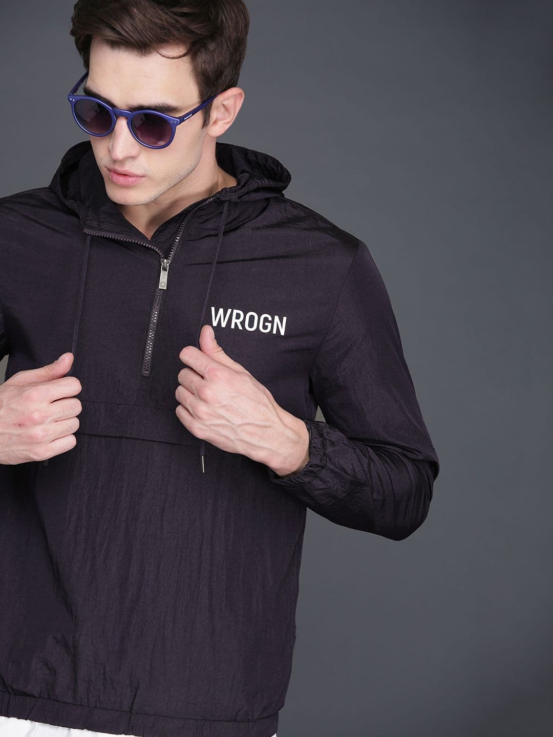 WROGN Men Navy Blue Solid Hooded Sporty Lightweight Jacket - view 1