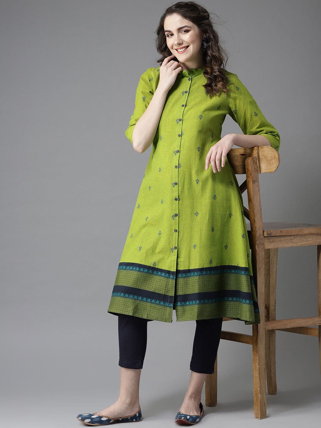 HERE&NOW Women Green & Navy Blue Woven Design A-Line Kurta - view 1
