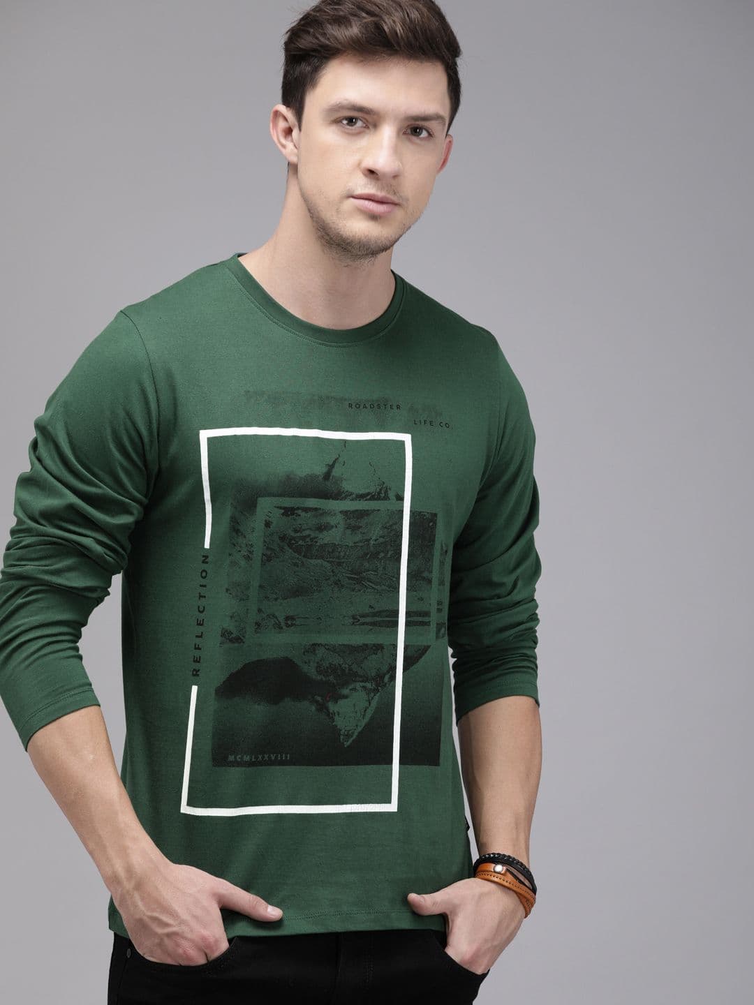 The Roadster Lifestyle Co Men Green Printed Round Neck Pure Cotton T-shirt - view 1