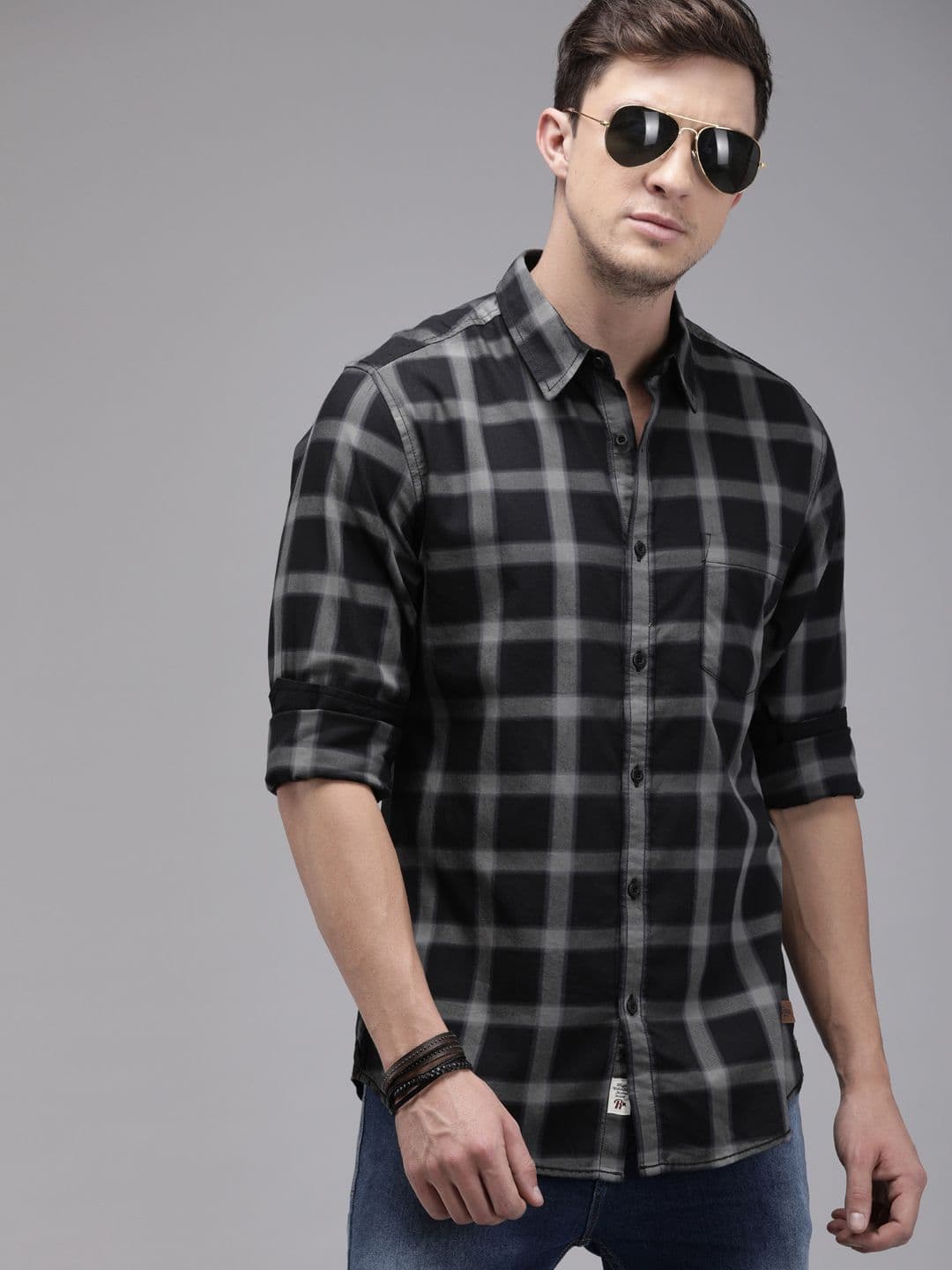 Roadster Men Black & Grey Regular Fit Checked Casual Shirt - view 1