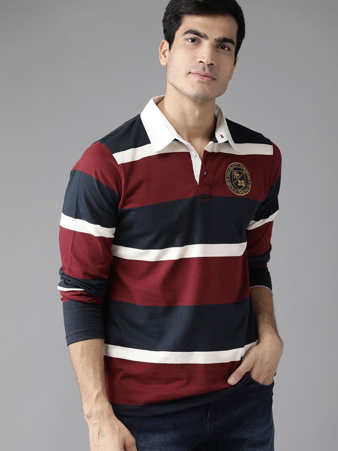 Roadster Men Maroon Navy Blue Striped Polo Collar Cotton T-shirt - view 1