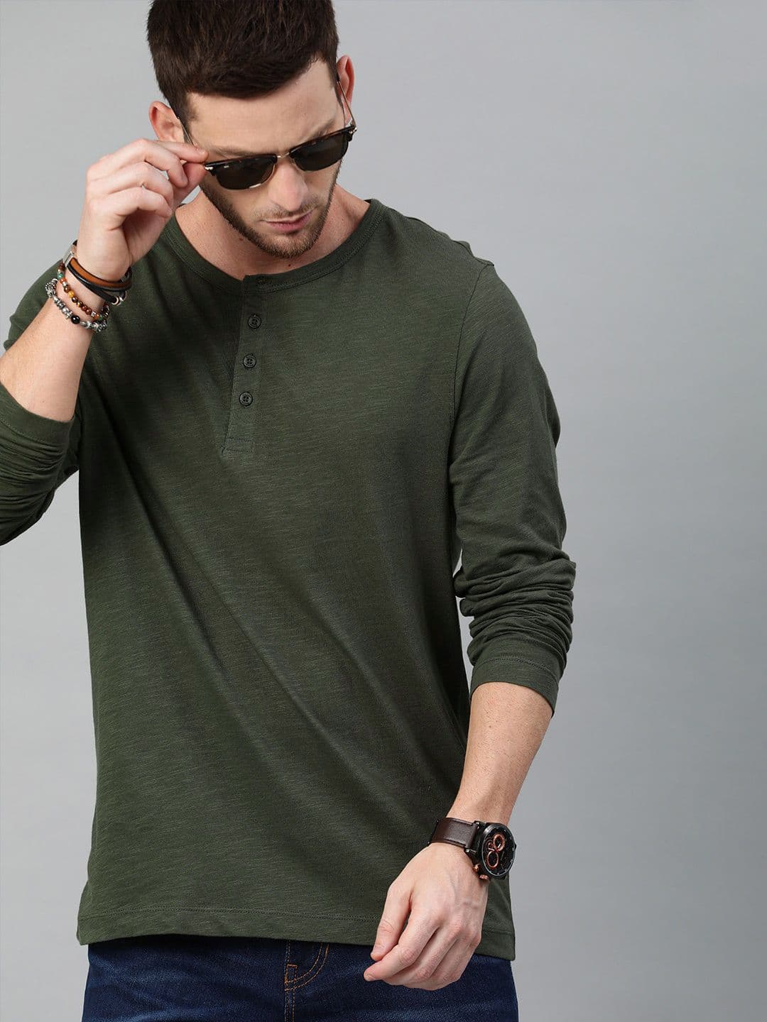 Roadster Men Olive Henley Neck Cotton Cotton T-shirt - view 1