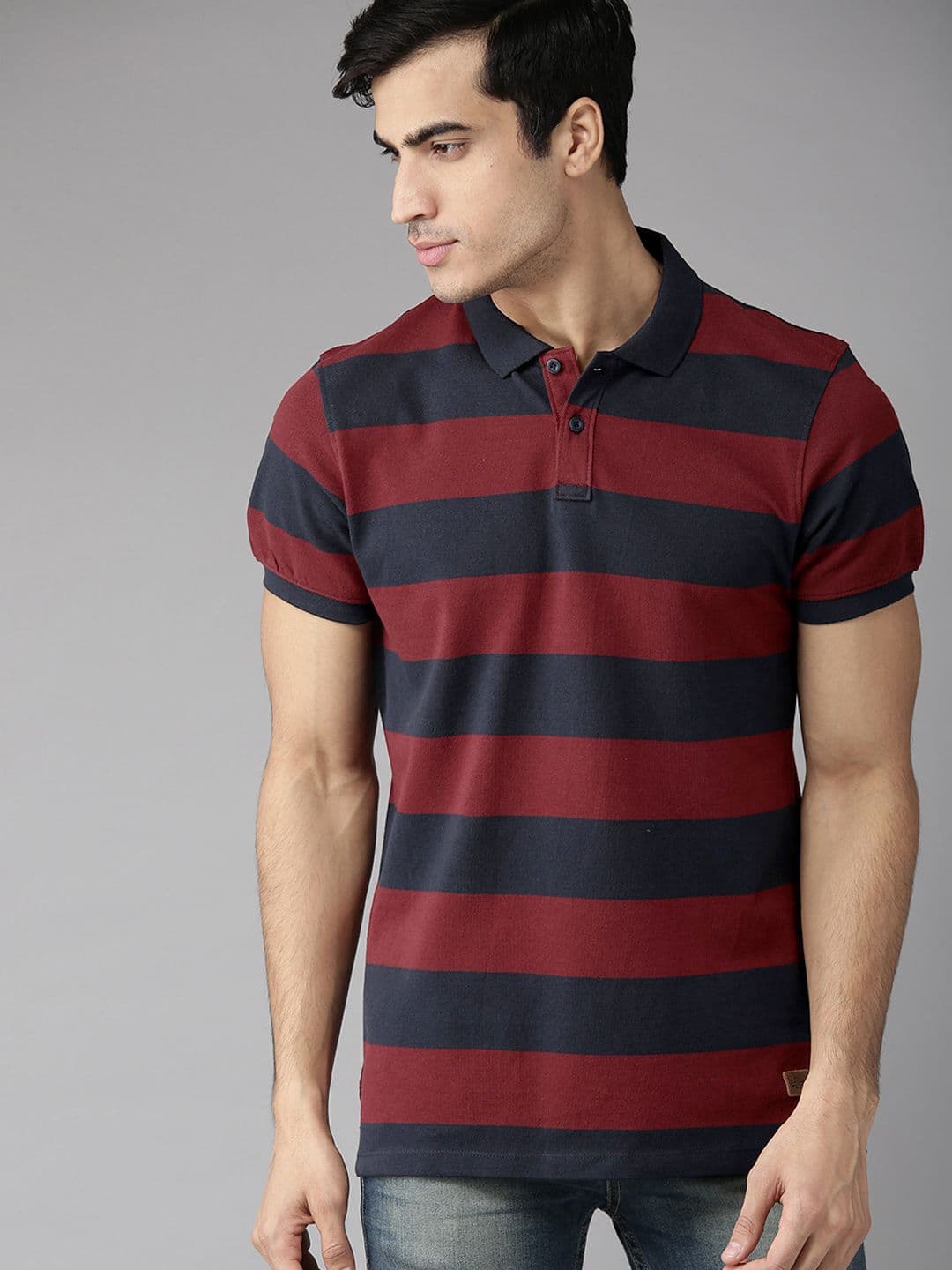 The Roadster Lifestyle Co Men Navy & Maroon Striped Polo Collar T-shirt - view 1