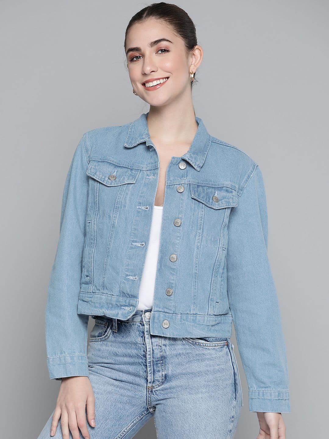 Tokyo Talkies Women Blue Solid Pure Cotton Denim Jacket - view 1