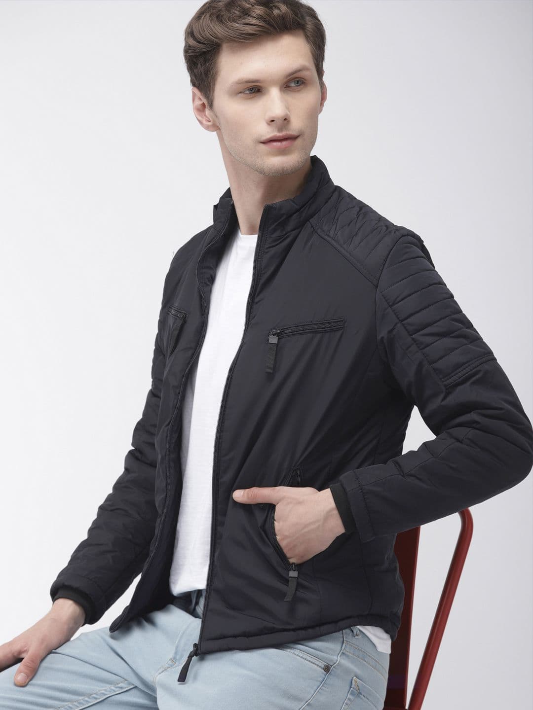 The Indian Garage Co Men Navy Blue Solid Padded Jacket - view 1