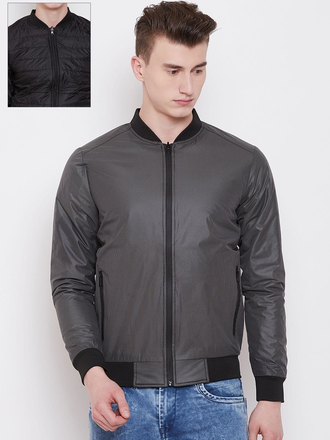 Pierre Carlo Men Charcoal Grey & Black Checked Reversible Bomber Jacket - view 1
