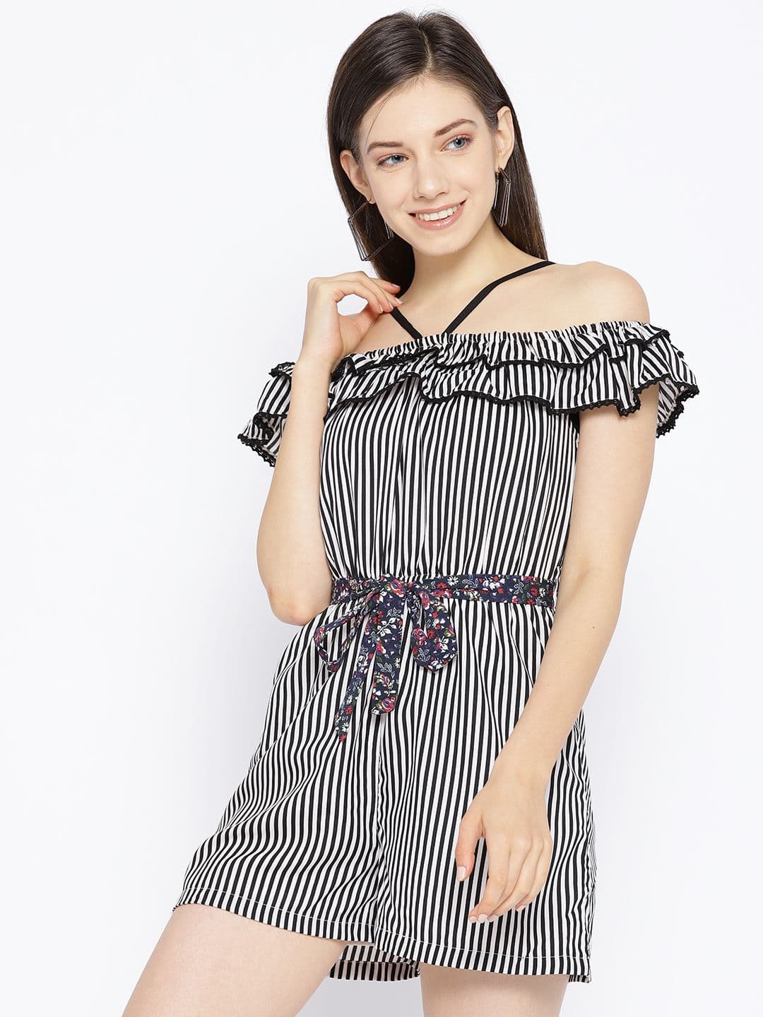 DODO & MOA Women Black & White Striped Off-Shoulder Playsuit - view 1