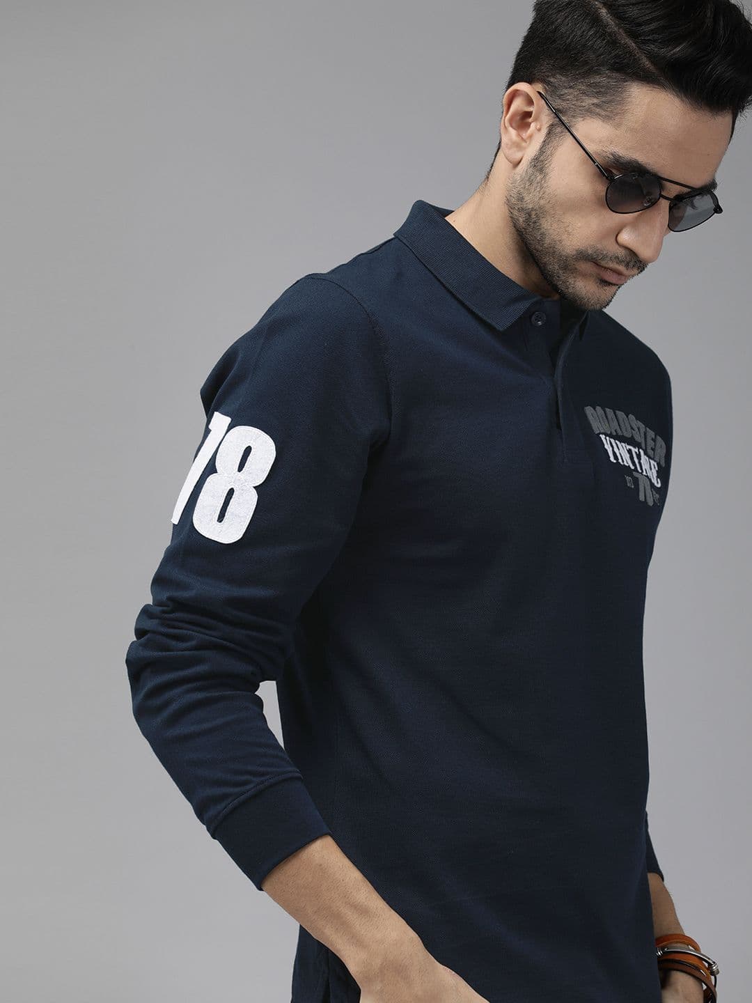 The Roadster Lifestyle Co Men Navy Blue Solid Embroidered Polo Cotton T-shirt - view 1