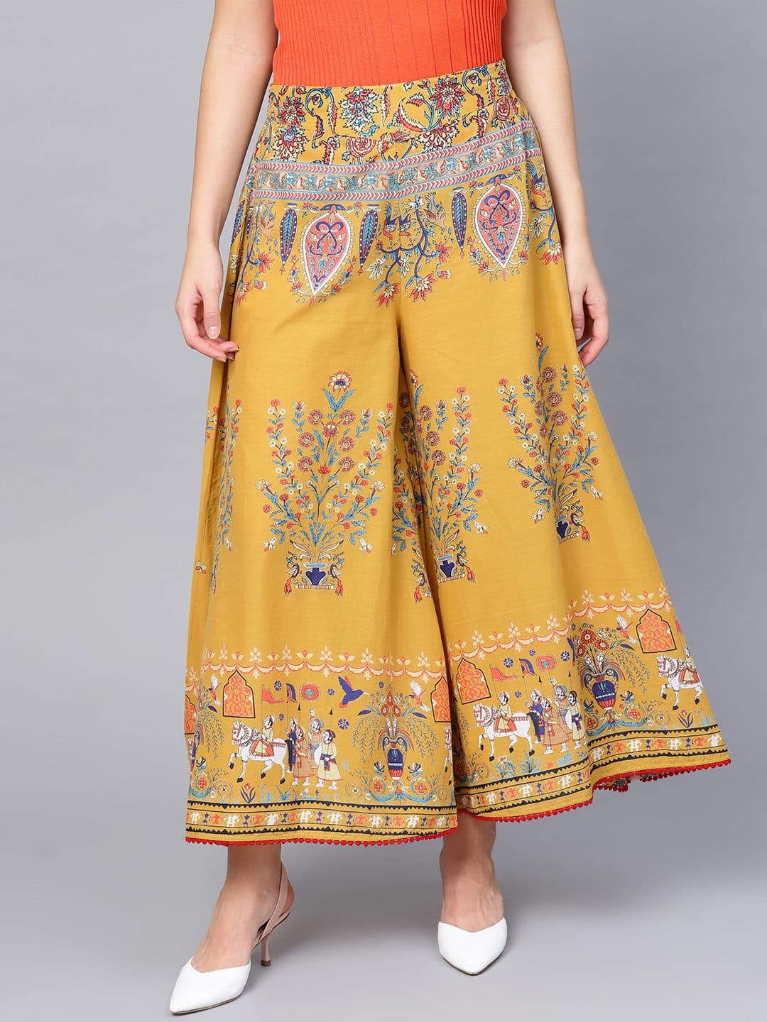 Juniper Women Mustard Yellow & Blue Printed Flared Palazzos - view 1