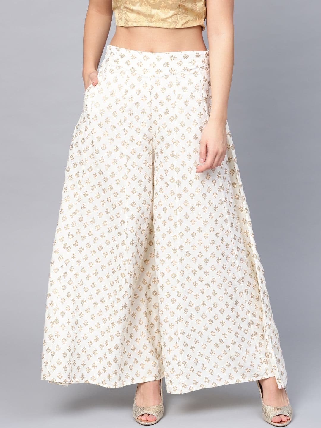 Juniper Women Off-White & Golden Printed Flared Palazzos - view 1