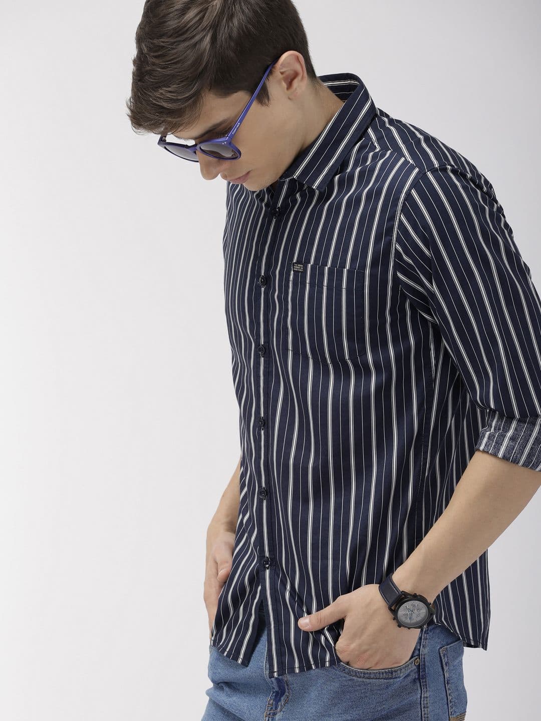 The Indian Garage Co Men Navy Blue & White Slim Fit Striped Casual Shirt - view 1