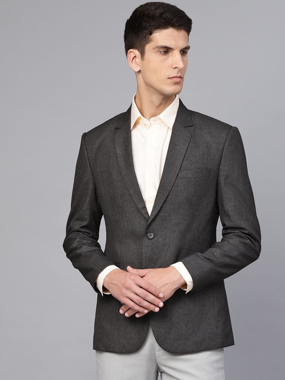 MANQ Men Charcoal Grey Slim Fit Solid Single Breasted Formal Blazer - view 1