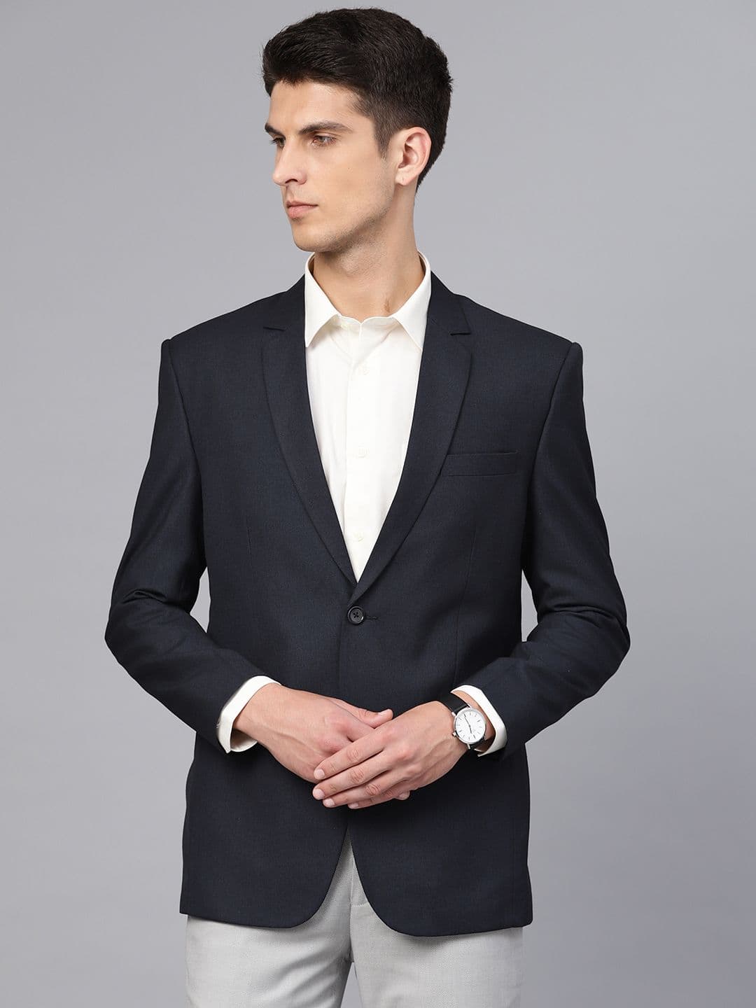 MANQ Men Navy Blue Slim Fit Solid Single Breasted Formal Blazer - view 1