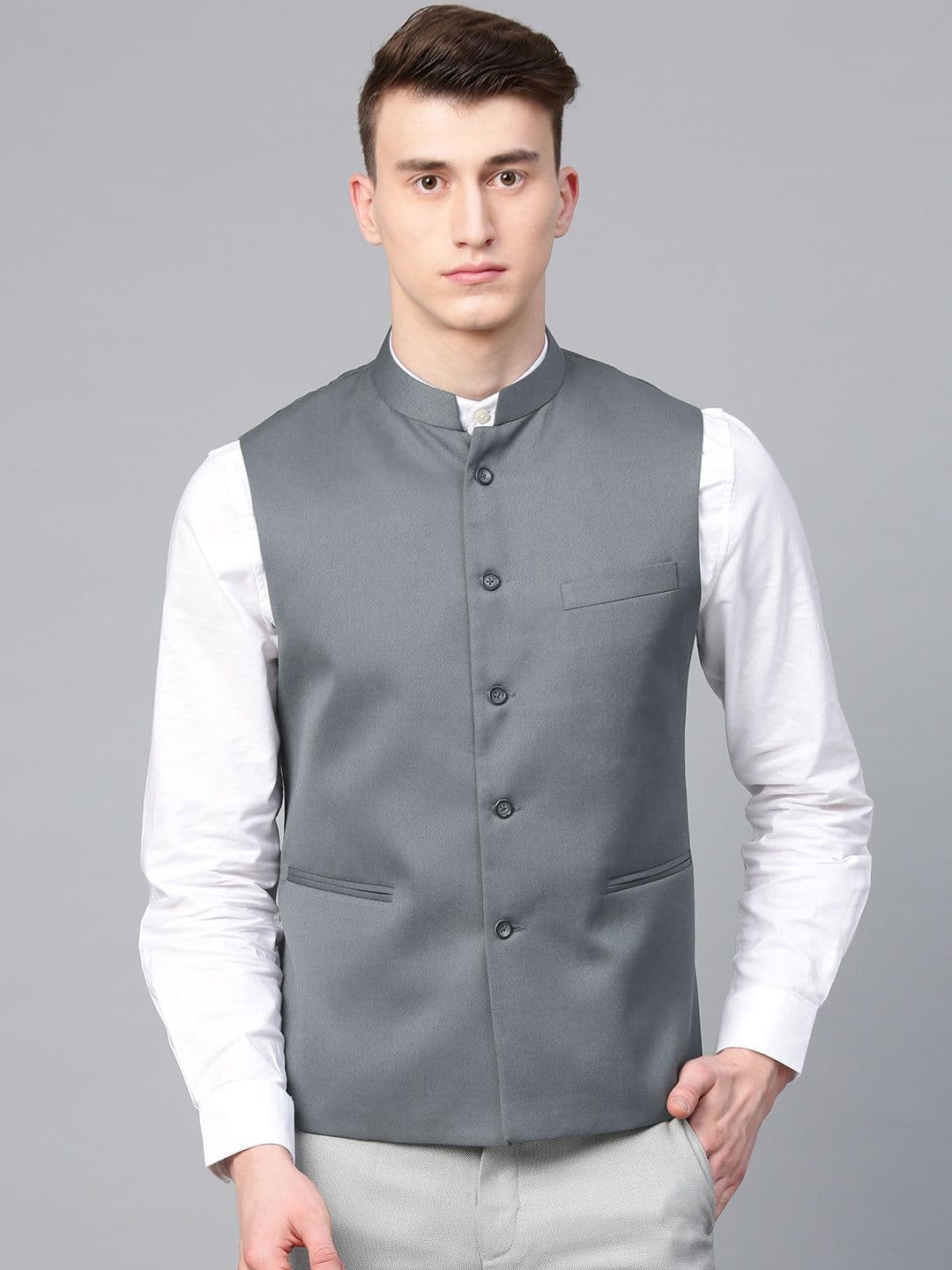 MANQ Men Grey Slim Fit Solid Nehru Jacket - view 1