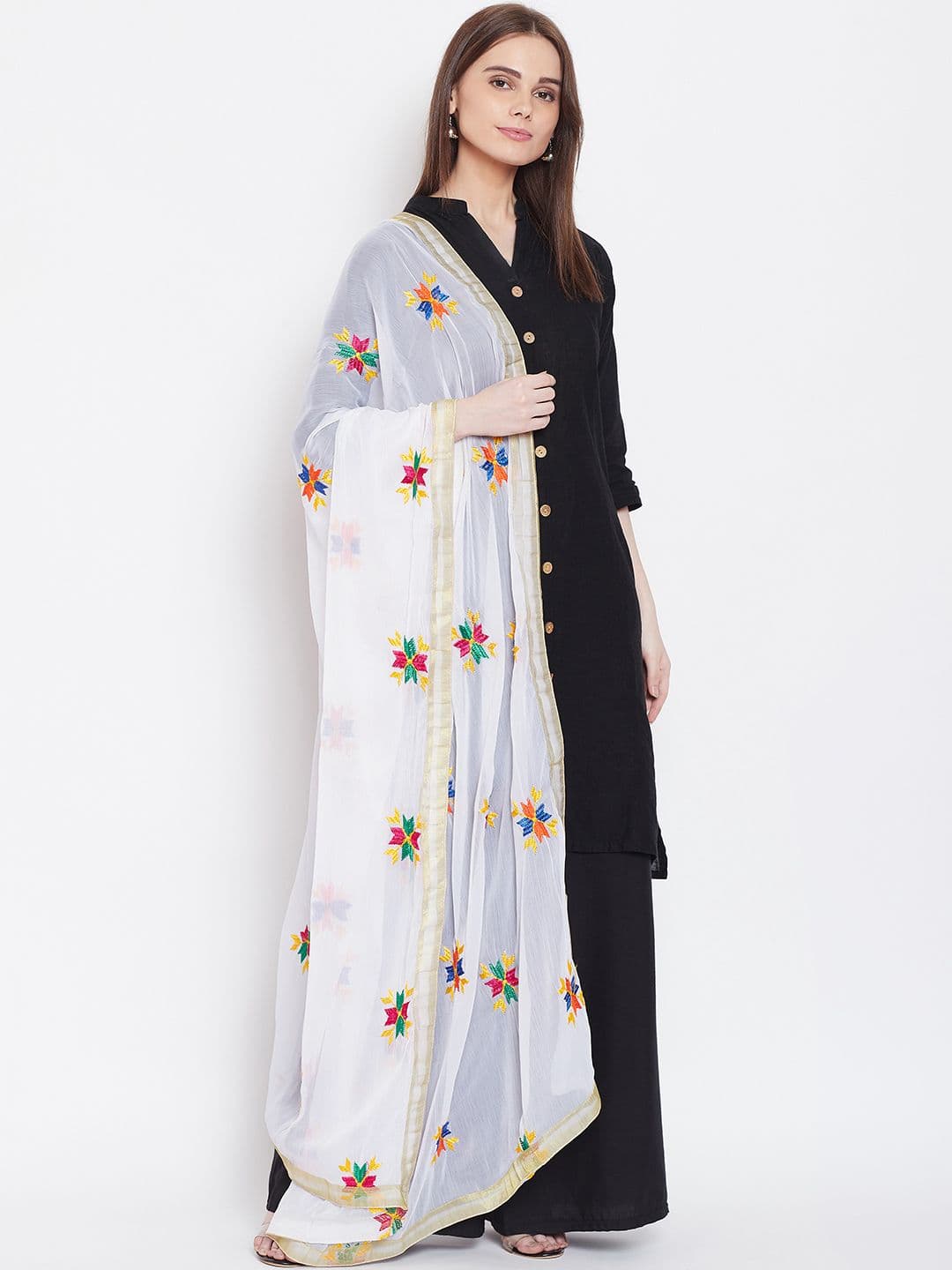 WEAVERS VILLA White & Red Phulkari Embroidered Dupatta - view 1