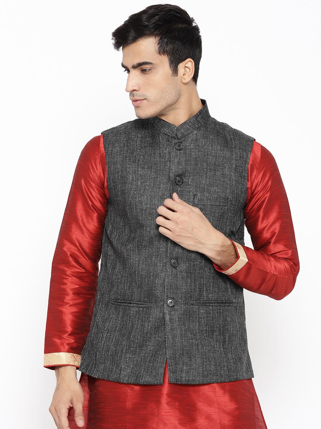 Vastraa Fusion Men Charcoal Grey Woven Design Nehru Jacket - view 1