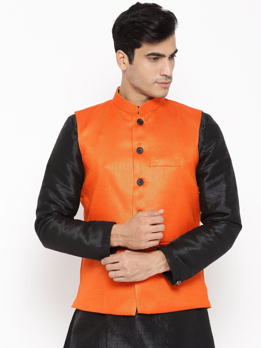 Vastraa Fusion Men Orange Textured Nehru Jacket - view 1