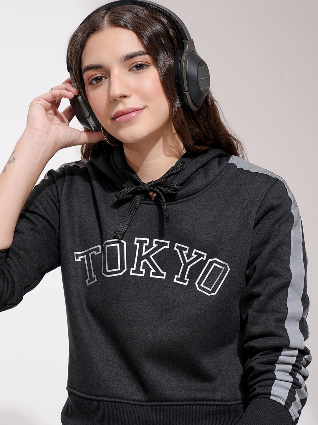 Tokyo Talkies Women Black Printed Hooded Sweatshirt - view 1