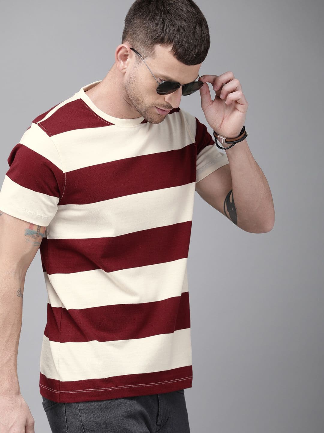 Roadster Men Maroon Cream-Coloured Striped Round Neck Cotton T-shirt - view 1