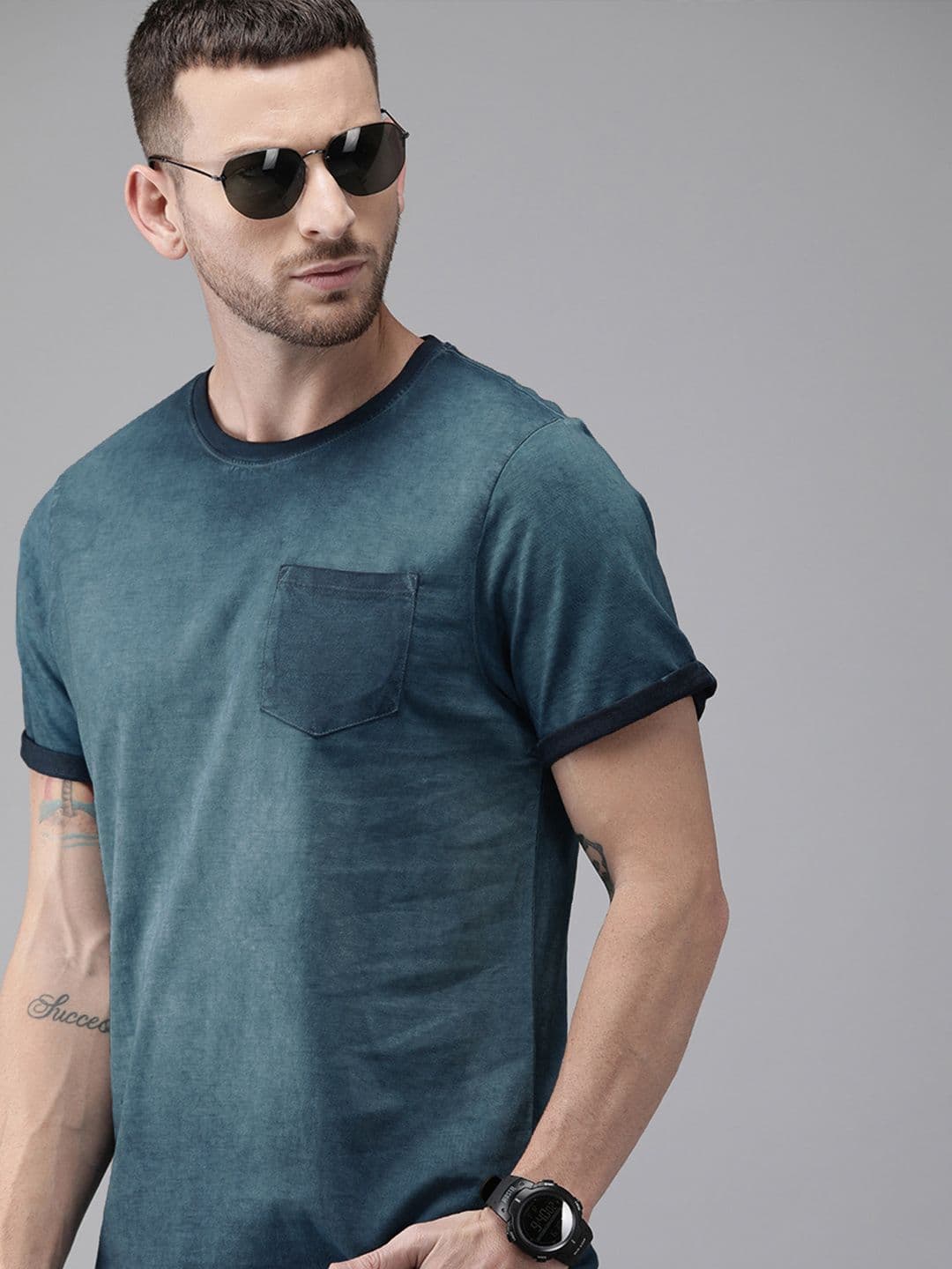 Roadster Men Teal Blue Dyed Round Neck Pure Cotton T-shirt - view 1