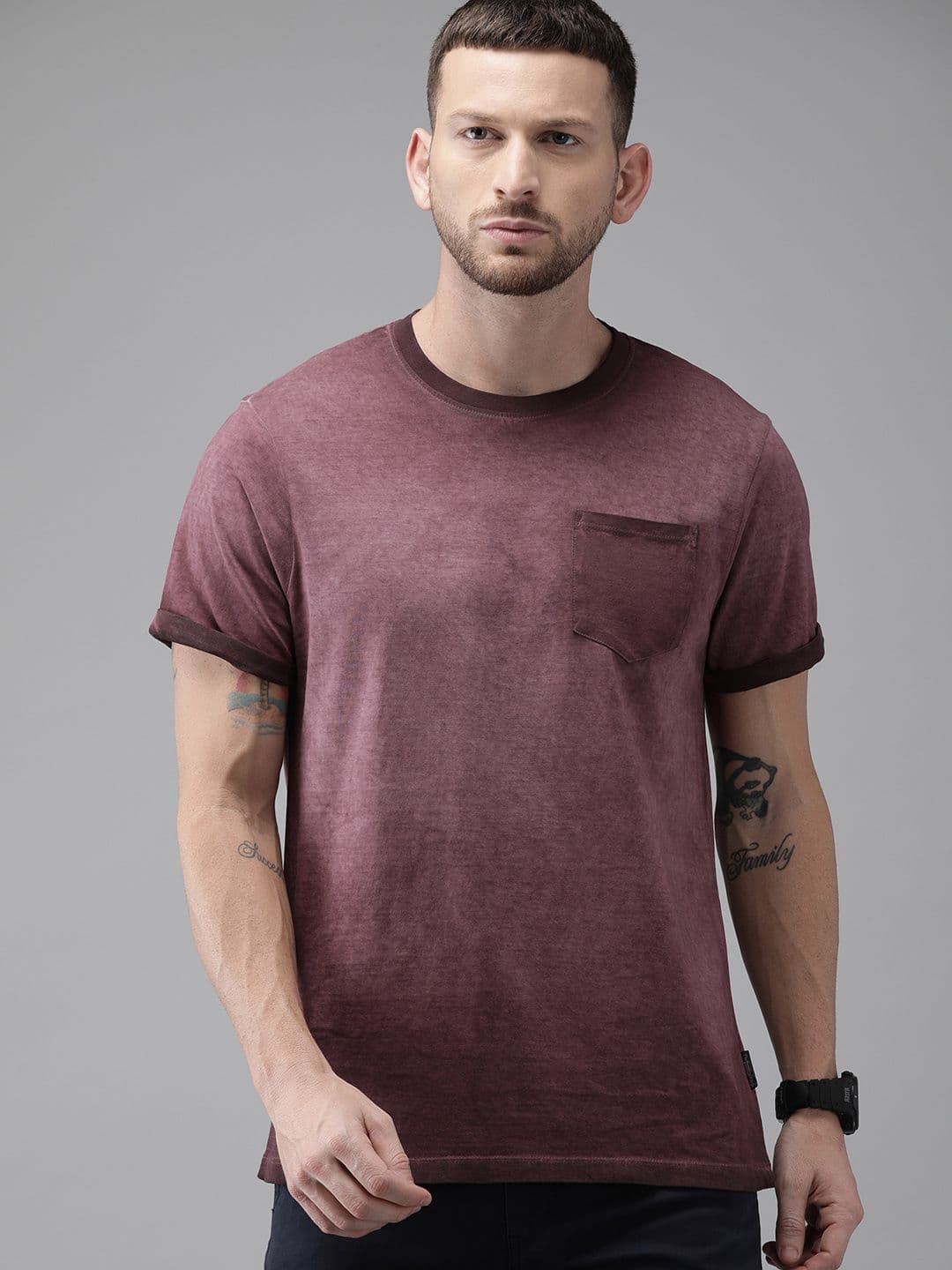 The Roadster Lifestyle Co Men Mauve Dyed Round Neck Pure Cotton T-shirt - view 1