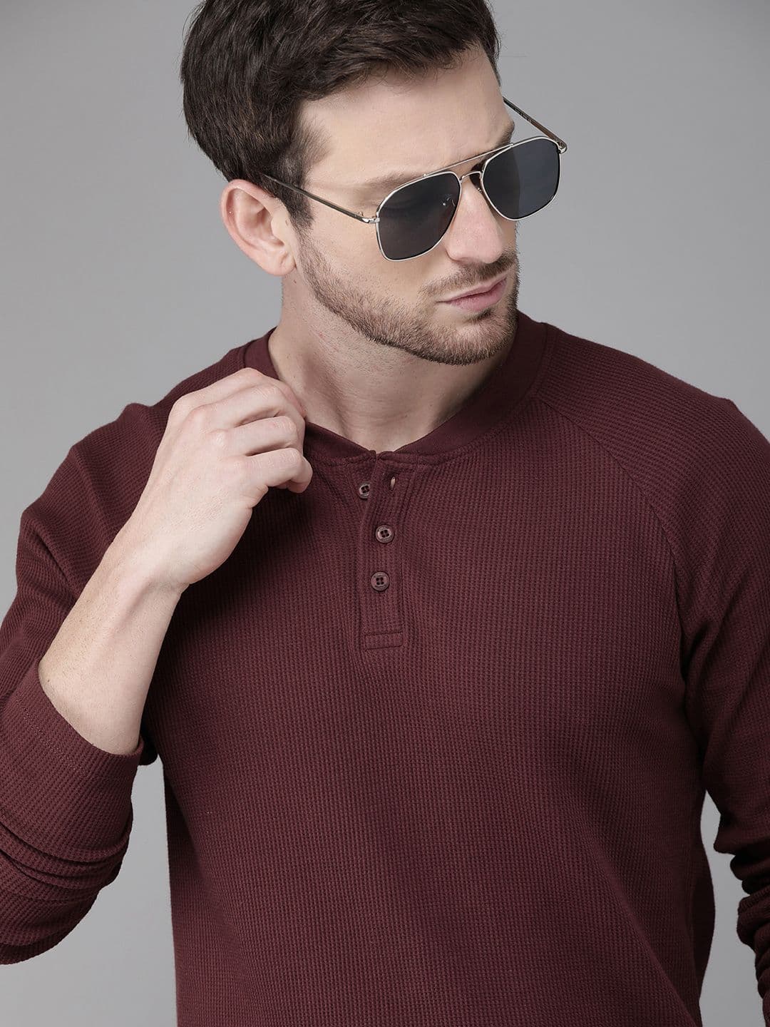 The Roadster Lifestyle Co Men Maroon Solid Henley Neck Pure Cotton T-shirt - view 1
