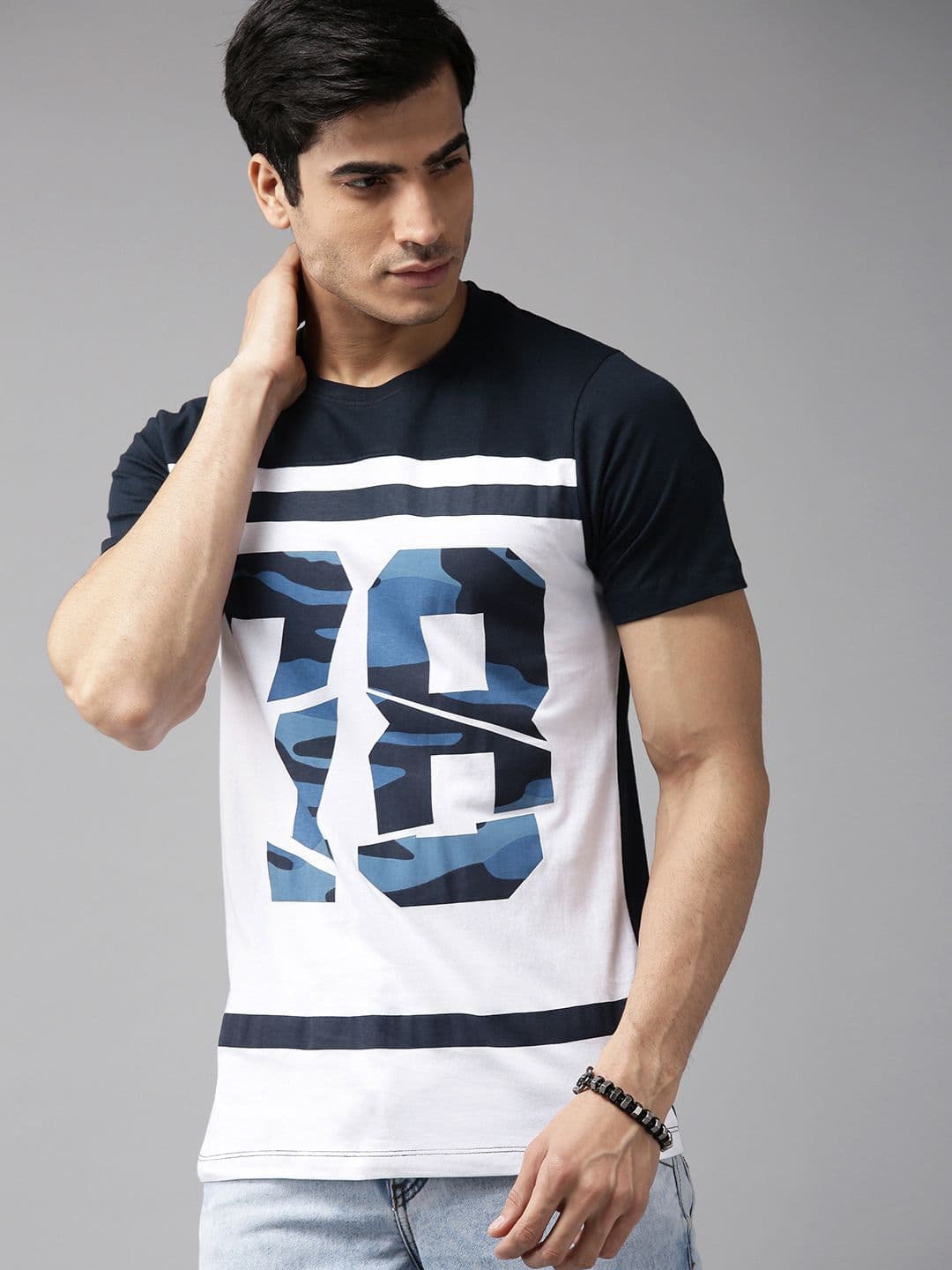 The Roadster Lifestyle Co Men White Blue Varsity Printed Round Neck Pure Cotton T-shirt - view 1