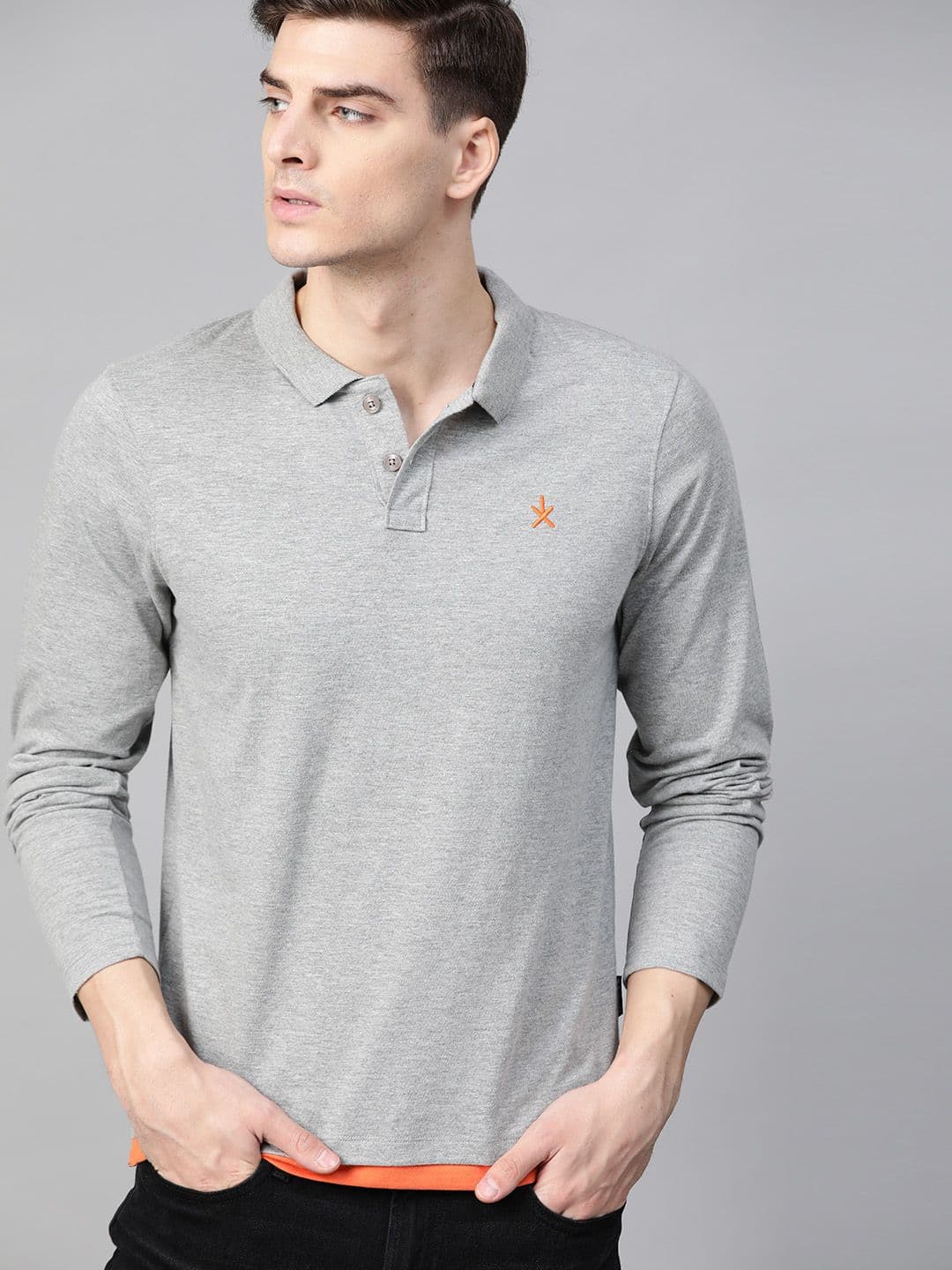 The Roadster Lifestyle Co Men Grey Melange Solid Polo Collar T-shirt - view 1