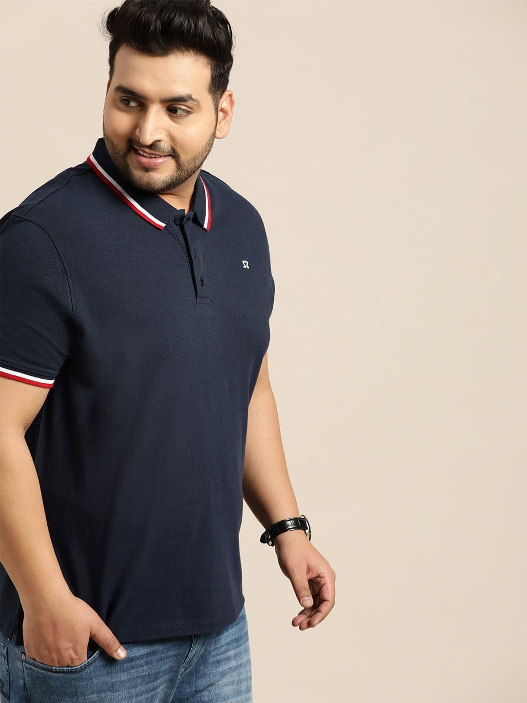 Sztori Plus Size Men Navy Blue Solid Polo Collar Pure Cotton T-shirt - view 1