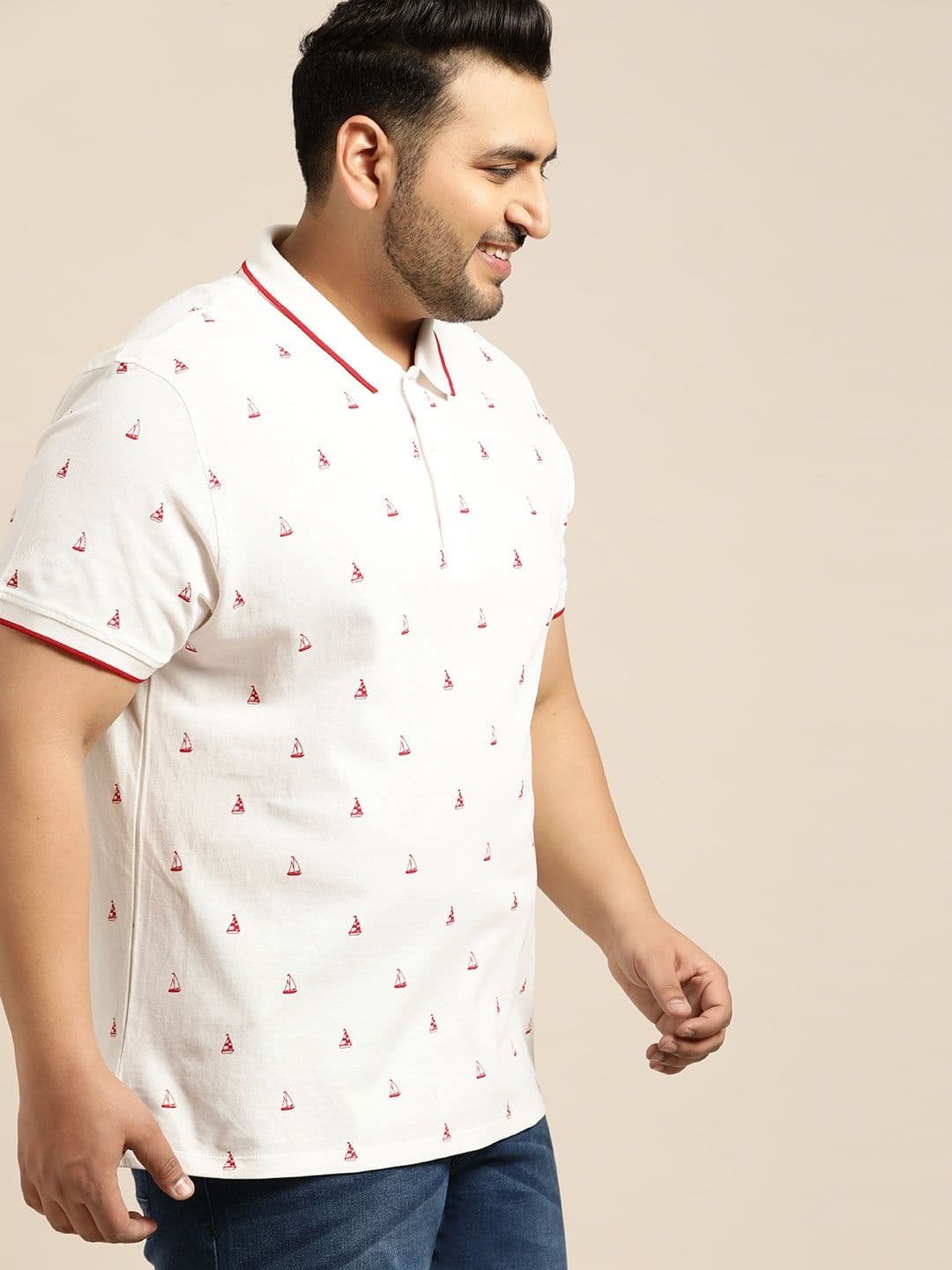 Sztori Plus Size Men White Red Printed Polo Collar T-shirt - view 1